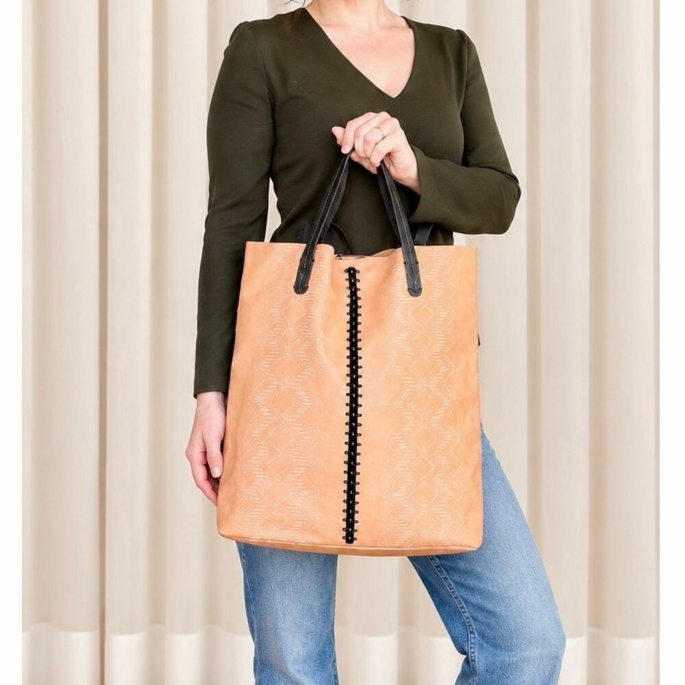 For Keeps Tan Leather Tote Bag Black Trim Large Shoulder Bag NWOT